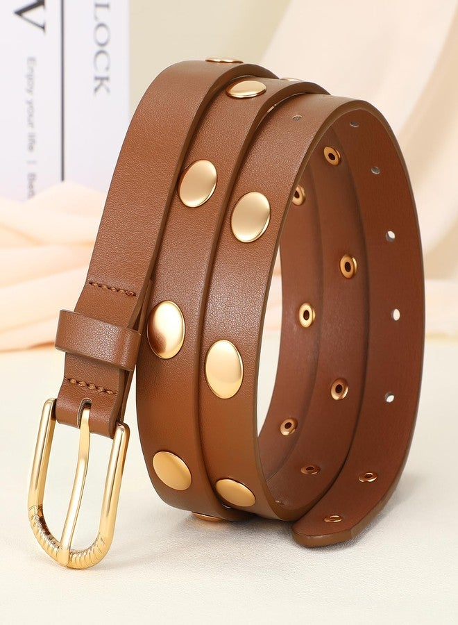 VONMELLI Skinny Leather Belt for Women Brown Studded Thin Belt for Fashion Jeans Dress Ladies Waist Belts, L - Image 2